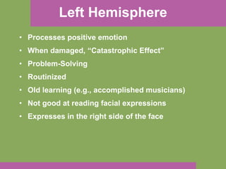 Left Hemisphere Processes positive emotion When damaged, “Catastrophic Effect” Problem-Solving Routinized Old learning (e.g., accomplished musicians) Not good at reading facial expressions Expresses in the right side of the face 