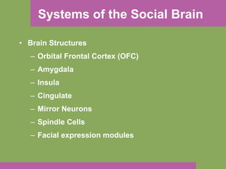Systems of the Social Brain Brain Structures Orbital Frontal Cortex (OFC) Amygdala Insula Cingulate Mirror Neurons Spindle Cells Facial expression modules 