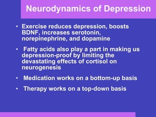 Neurodynamics of Depression Exercise reduces depression, boosts  BDNF, increases serotonin, norepinephrine, and dopamine Fatty acids also play a part in making us depression-proof by limiting the devastating effects of cortisol on neurogenesis Medication works on a bottom-up basis Therapy works on a top-down basis 