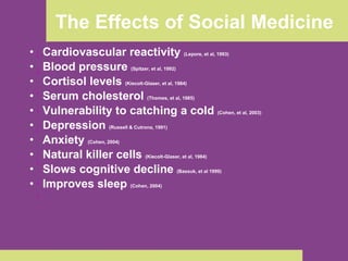 The Effects of Social Medicine Cardiovascular reactivity  (Lepore, et al, 1993) Blood pressure  (Spitzer, et al, 1992) Cortisol levels  (Kiecolt-Glaser, et al, 1984) Serum cholesterol  (Thomes, et al, 1985) Vulnerability to catching a cold  (Cohen, et al, 2003) Depression  (Russell & Cutrona, 1991) Anxiety  (Cohen, 2004) Natural killer cells  (Kiecolt-Glaser, et al, 1984) Slows cognitive decline  (Bassuk, et al 1999) Improves sleep  (Cohen, 2004) 