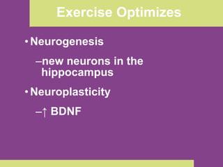 Exercise Optimizes Neurogenesis new neurons in the hippocampus Neuroplasticity ↑  BDNF 