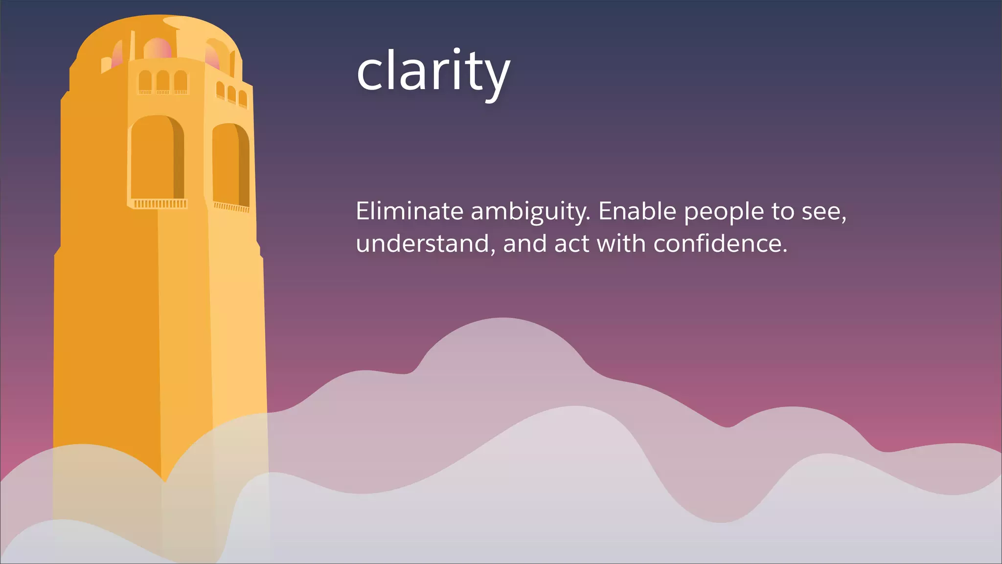 clarity
Eliminate ambiguity. Enable people to see,
understand, and act with confidence.
 