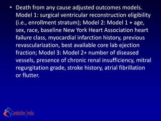 • Death from any cause adjusted outcomes models.
  Model 1: surgical ventricular reconstruction eligibility
  (i.e., enrollment stratum); Model 2: Model 1 + age,
  sex, race, baseline New York Heart Association heart
  failure class, myocardial infarction history, previous
  revascularization, best available core lab ejection
  fraction; Model 3: Model 2+ number of diseased
  vessels, presence of chronic renal insufficiency, mitral
  regurgitation grade, stroke history, atrial fibrillation
  or flutter.
 