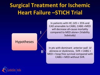 Surgical Treatment for Ischemic
   Heart Failure –STICH Trial
                      In patients with HF, LVD < 35% and
                     CAD amenable to CABG, CABG +MED
                       will decrease all-cause mortality
               I      compared to MED alone+ (Viability
                                   Substudy)

  Hypotheses
                     In pts with dominant anterior wall LV
               II     akinesia or dyskinesia, SVR + CABG +
                    MED > hosp free survival compared with
                            CABG + MED without SVR.
 