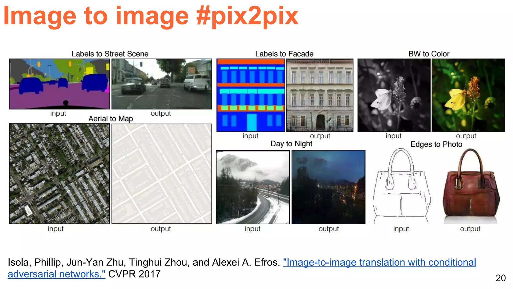 20
Image to image #pix2pix
Isola, Phillip, Jun-Yan Zhu, Tinghui Zhou, and Alexei A. Efros. "Image-to-image translation with conditional
adversarial networks." CVPR 2017
 