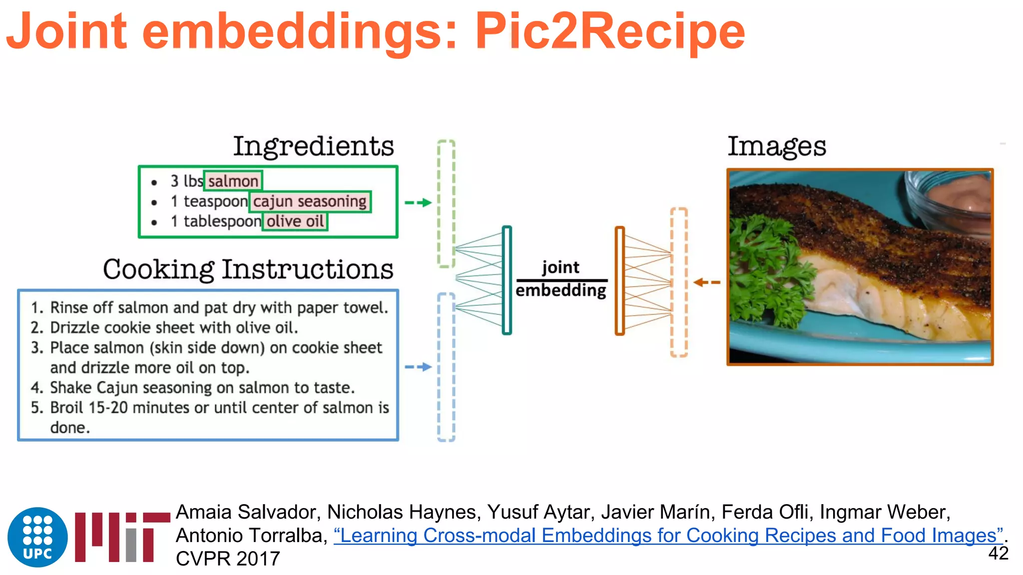 42
Amaia Salvador, Nicholas Haynes, Yusuf Aytar, Javier Marín, Ferda Ofli, Ingmar Weber,
Antonio Torralba, “Learning Cross-modal Embeddings for Cooking Recipes and Food Images”.
CVPR 2017
Joint embeddings: Pic2Recipe
 