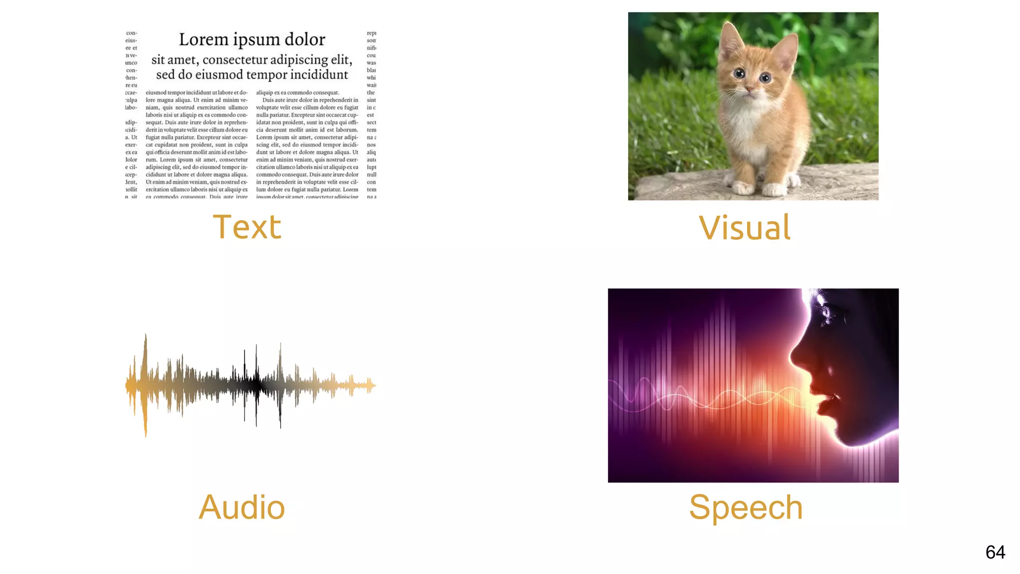 Text
64
Visual
SpeechAudio
 