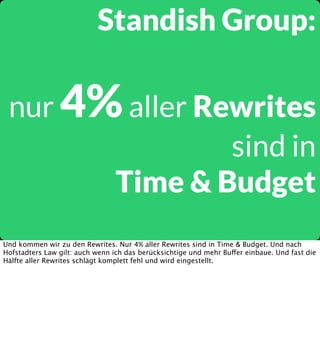 Standish Group:
nur 4% aller Rewrites
sind in
Time & Budget
Und kommen wir zu den Rewrites. Nur 4% aller Rewrites sind in Time & Budget. Und nach
Hofstadters Law gilt: auch wenn ich das berücksichtige und mehr Buffer einbaue. Und fast die
Hälfte aller Rewrites schlägt komplett fehl und wird eingestellt.

 