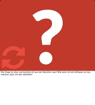 

?

Die Frage ist also: wie komme ich aus der Nummer raus? Wie kann ich die Software so neu
machen, dass ich das überlebe?

 