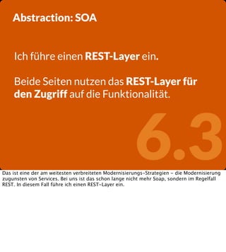 Abstraction: SOA
Ich führe einen REST-Layer ein.
Beide Seiten nutzen das REST-Layer für
den Zugriff auf die Funktionalität...