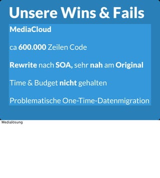 Unsere Wins & Fails
MediaCloud
ca 600.000 Zeilen Code
Rewrite nach SOA, sehr nah am Original
Time & Budget nicht gehalten
...