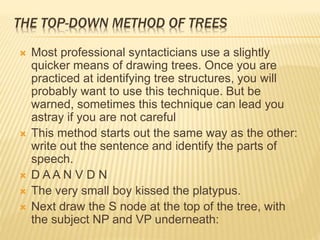 THE TOP-DOWN METHOD OF TREES
 Most professional syntacticians use a slightly
quicker means of drawing trees. Once you are
practiced at identifying tree structures, you will
probably want to use this technique. But be
warned, sometimes this technique can lead you
astray if you are not careful
 This method starts out the same way as the other:
write out the sentence and identify the parts of
speech.
 D A A N V D N
 The very small boy kissed the platypus.
 Next draw the S node at the top of the tree, with
the subject NP and VP underneath:
 