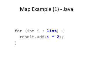 Map Example (1) - Java for (int i :  list ) { result.add( i * 2 ); } 