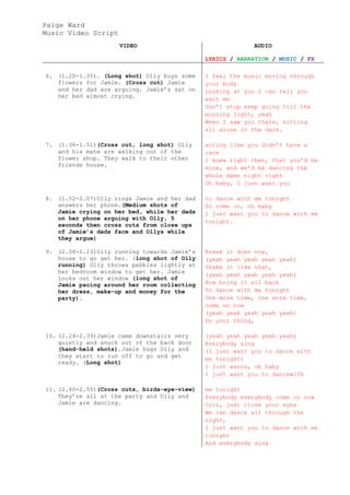 Paige Ward
Music Video Script
                     VIDEO                                 AUDIO

                                              LYRICS / NARRATION / MUSIC / FX

6. (1.20-1.35). (Long shot) Olly buys some    I feel the music moving through
   flowers for Jamie. (Cross cut) Jamie       your body
   and her dad are arguing. Jamie’s sat on    Looking at you I can tell you
   her bed almost crying.
                                              want me
                                              Don’t stop keep going till the
                                              morning light, yeah
                                              When I saw you there, sitting
                                              all alone in the dark.

7. (1.36-1.51)(Cross cut, long shot) Olly     acting like you didn’t have a
   and his mate are walking out of the        care
   flower shop. They walk to their other      I knew right then, that you’d be
   friends house.
                                              mine, and we’d be dancing the
                                              whole damn night right
                                              Oh baby, I just want you

8. (1.52-2.07)Olly rings Jamie and her dad    to dance with me tonight
   answers her phone.(Medium shots of         So come on, oh baby
   Jamie crying on her bed, while her dads    I just want you to dance with me
   on her phone arguing with Olly, 5
                                              tonight.
   seconds then cross cuts from close ups
   of Jamie’s dads face and Ollys while
   they argue)

9. (2.08-2.23)Olly running towards Jamie’s    Break it down now,
   house to go get her. (long shot of Olly    (yeah yeah yeah yeah yeah)
   running) Olly throws pebbles lightly at    Shake it like that,
   her bedroom window to get her. Jamie
                                              (yeah yeah yeah yeah yeah)
   looks out her window (long shot of
   Jamie pacing around her room collecting    Now bring it all back
   her dress, make-up and money for the       To dance with me tonight
   party).                                    One more time, one more time,
                                              come on now
                                              (yeah yeah yeah yeah yeah)
                                              Do your thing,

10. (2.24-2.39)Jamie came downstairs very     (yeah yeah yeah yeah yeah)
    quietly and snuck out of the back door    Everybody sing
    (hand-held shots).Jamie hugs Olly and     (I just want you to dance with
    they start to run off to go and get
                                              me tonight)
    ready. (Long shot)
                                              I just wanna, oh baby
                                              I just want you to dancewith

11. (2.40-2.55)(Cross cuts, birds-eye-view)   me tonight
    They’re all at the party and Olly and     Everybody everybody come on now
    Jamie are dancing.                        Girl, just close your eyes
                                              We can dance all through the
                                              night,
                                              I just want you to dance with me
                                              tonight
                                              And everybody sing
 