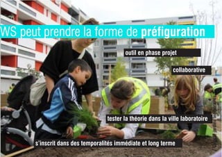 Coloco,jardinstemporaires,
WS peut prendre la forme de préfiguration
collaborative
outil en phase projet
tester la théorie dans la ville laboratoire
s’inscrit dans des temporalités immédiate et long terme
 
