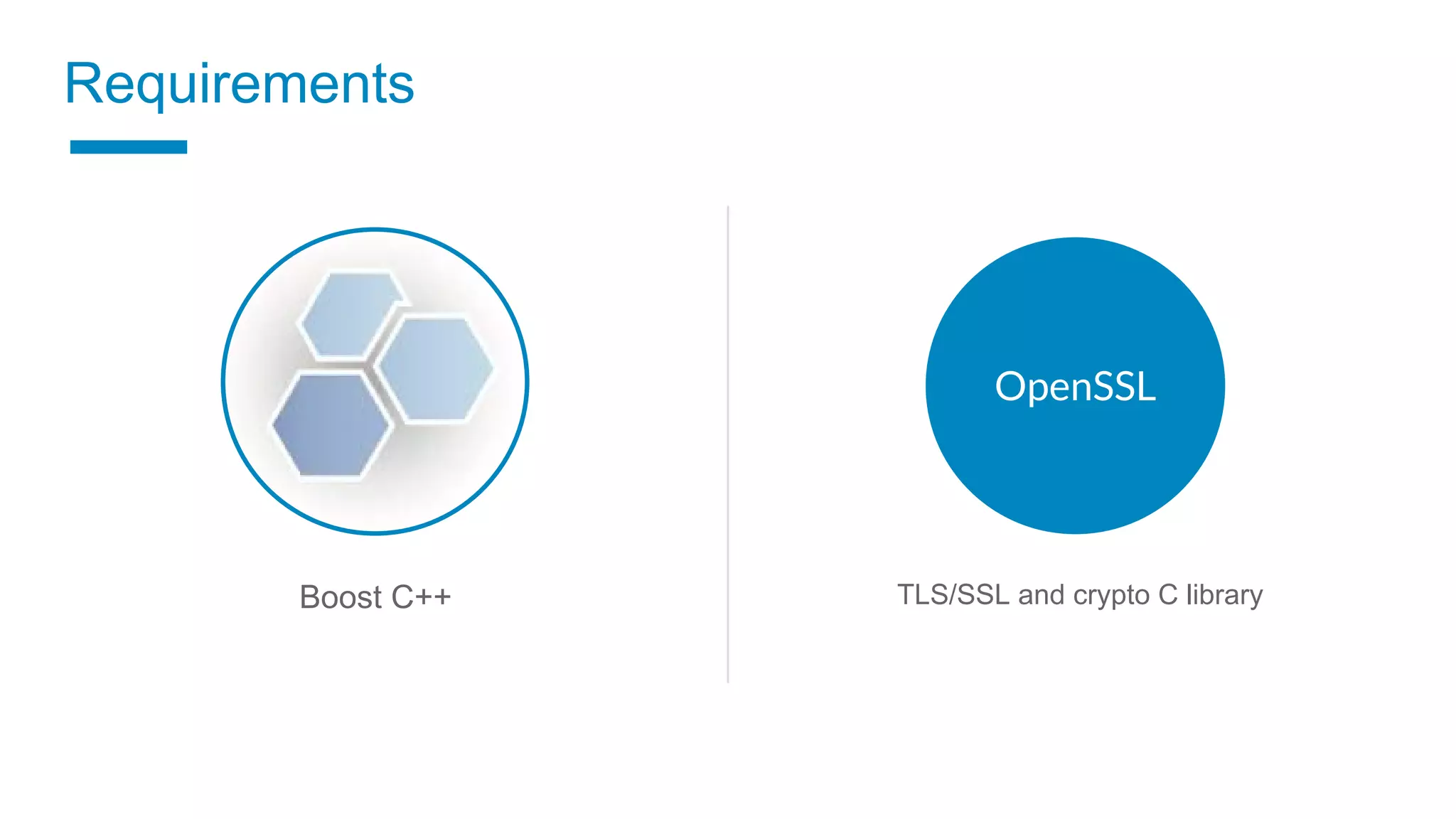 OpenSSL
Boost C++ TLS/SSL and crypto C library
Requirements
 