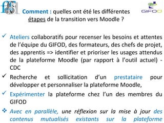Comment : quelles ont été les différentes
étapes de la transition vers Moodle ?
 Ateliers collaboratifs pour recenser les besoins et attentes
de l’équipe du GIFOD, des formateurs, des chefs de projet,
des apprentis => identifier et prioriser les usages attendus
de la plateforme Moodle (par rapport à l’outil actuel) -
CDC
 Recherche et sollicitation d’un prestataire pour
développer et personnaliser la plateforme Moodle,
 Expérimenter la plateforme chez l’un des membres du
GIFOD
 Avec en parallèle, une réflexion sur la mise à jour des
contenus mutualisés existants sur la plateforme
 