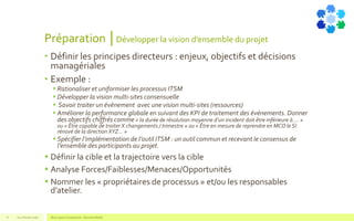 Préparation │Développer la vision d’ensemble du projet
• Définir les principes directeurs : enjeux, objectifs et décisions
managériales
• Exemple :
 Rationaliser et uniformiser les processus ITSM
 Développer la vision multi-sites consensuelle
 Savoir traiter un événement avec une vision multi-sites (ressources)
 Améliorer la performance globale en suivant des KPI de traitement des événements. Donner
des objectifs chiffrés comme « la durée de résolution moyenne d’un incident doit être inférieure à…. »
ou « Être capable de traiter X changements / trimestre » ou « Être en mesure de reprendre en MCO le SI
rénové de la direction XYZ… »
 Spécifier l’implémentation de l’outil ITSM : un outil commun et recevant le consensus de
l’ensemble des participants au projet.
 Définir la cible et la trajectoire vers la cible
 Analyse Forces/Faiblesses/Menaces/Opportunités
 Nommer les « propriétaires de processus » et/ou les responsables
d’atelier.
V1.0 Février 2016 Blue Jigsaw Competensis - Business Model8
 