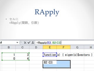 RApply
• セルに
  =RApply(関数, 引数)
 