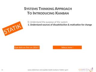 28
0.  Understand  the  purpose  of  the  system  
1.  Understand  sources  of  dissa[sfac[on  &  mo[va[on  for  change
www.slideshare.net/asplake/statik-­‐kanbans-­‐hidden-­‐gem
SYSTEMS  THINKING  APPROACH   
TO  INTRODUCING  KANBAN
STATIK
Que	
  doit-­‐on	
  finir	
  en	
  2014	
  ? Mieux	
  vivre	
  !
 
