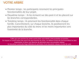 VOTRE  ARBRE
• Premier  temps  :  les  participants  recensent  les  principales  
fonctionnalités  de  leur  projet.    
• Deuxième  temps  :    ils  les  écrivent  sur  des  post-­‐it  et  les  placent  sur  
les  branches  correspondantes.    
• Troisième  temps  :  ils  priorisent  les  fonctionnalité  dans  chaque  
famille.  Concrètement,  sur  chaque  branche,  ils  positionnent  les  
plus  importantes  du  côté  du  tronc  et  les  moins  importantes  vers  
l’extrémité  de  la  branche.
37
Celles  qui  sont  proches  du  centre  auront  donc  tout  intérêt  à  être  produites  en  premier.    
En  traçant  un  cercle  autour  des  post-­‐it  les  plus  proches  du  tronc,  on  obtient  la  liste  des  fonctionnalités  les  plus  
importantes,  et  donc  une  ébauche  de  périmètre  pour  une  première  release.    
Un  deuxième  cercle  plus  large  délimitera  le  périmètre  d’une  deuxième  release,  et  ainsi  de  suite.
 