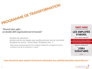 PROGRAMME  DE  TRANSFORMATION
6
"Devenir  plus  agile  :    
un  double  défi  organisationnel  et  humain"
"sans  RENONCER  pour  autant  à  la  RIGUEUR  nécessaire  aux  activités  bancaires  INDUSTRIELLES."
Symétrie  des  attentions  :  
prendre  soin  de  nos  équipes  pour  qu’elles  prennent  soin  de  nos  clients    
(Académie  du  service  -­‐  Vineet  Nayar  "Employees  first…")
http://www.manpowergroup.fr/les-­‐employes-­‐dabord-­‐le-­‐management-­‐par-­‐la-­‐
confiance-­‐cest-­‐de-­‐la-­‐croissance-­‐v-­‐nayar/
 