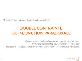 DOUBLE  CONTRAINTE   
OU  INJONCTION  PARADOXALE
COMPORTEMENTS  :  individualisme,  pression,  pas  de  direction  claire,    
CULTURE  :  programme  top-­‐down,  management  par  la  peur  
Pratiques  RH  opposées  (évaluation,  promotion,  rémunération  =  performance  individuelle)
9
MESSAGE  OFFICIEL  :  retrouver  du  plaisir  au  travail,  collectif
 