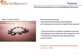 Решение
14
Один в поле не воин! Полная автоматизация
партнерской программы мероприятия –
все под вашим контролем в одной базе данных!
- Полный контроль продаж и доходов партнера
- Индивидуальная комиссия для каждого из них
- Рекламные материалы для продвижения
вашего ивента
Автоматизированная сеть дистрибуции билетов
Теперь вы перечисляете средства партнерам,
о не они – вам!
 