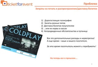 6
Затраты на печать и распространение/доставку билетов
Проблема
1) Дорогостоящая полиграфия
2) Билеты разных типов
2) Доставка билетов покупателям
3) …или их нервы в кассах
4) Непредвиденные обстоятельства и путаница
Все это дополнительные расходы и нервотрепка!
А еще время – ваше и вашего посетителя.
За это время посетитель может и передумать!
Но теперь все в прошлом….
 