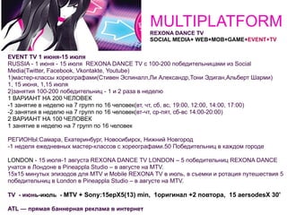 MULTIPLATFORM
                                               REXONA DANCE TV
                                               SOCIAL MEDIA+ WEB+MOB+GAME+EVENT+TV


EVENT TV 1 июня-15 июля
RUSSIA - 1 июня - 15 июля REXONA DANCE TV c 100-200 победительницами из Social
Media(Twitter, Facebook, Vkontakte, Youtube)
1)мастер-классы хореографами(Стивен Эспиналл,Ли Александр,Тони Эдиган,Альберт Шарми)
1, 15 июня, 1,15 июля
2)занятия 100-200 победительниц - 1 и 2 раза в неделю
1 ВАРИАНТ НА 200 ЧЕЛОВЕК
-1 занятие в неделю на 7 групп по 16 человек(вт, чт, сб, вс, 19:00, 12:00, 14:00, 17:00)
-2 занятия в неделю на 7 групп по 16 человек(вт-чт, ср-пят, сб-вс 14:00-20:00)
2 ВАРИАНТ НА 100 ЧЕЛОВЕК
1 занятие в неделю на 7 групп по 16 человек

РЕГИОНЫ:Самара, Екатеринбург, Новосибирск, Нижний Новгород
-1 неделя ежедневных мастер-классов с хореографами.50 Победительниц в каждом городе

LONDON - 15 июля-1 августа REXONA DANCE TV LONDON – 5 победительниц REXONA DANCE
учатся в Лондоне в Pineappla Studio – в августе на MTV.
15х15 минутых эпизодов для МTV и Mobile REXONA TV в июль, в съемки и ротация путешествия 5
победительниц в London в Pineappla Studio – в августе на MTV.

TV - июнь-июль - MTV + Sony:15epХ5(13) min, 1оригинал +2 повтора, 15 aersodesХ 30'

ATL — прямая баннерная реклама в интернет
 