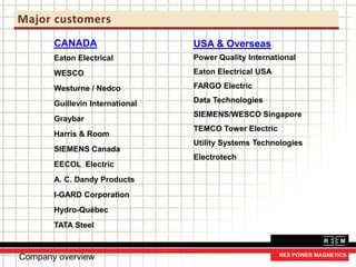 CANADA
Eaton Electrical
WESCO
Westurne / Nedco
Guillevin International
Graybar
Harris & Room
SIEMENS Canada
EECOL Electric
A. C. Dandy Products
I-GARD Corporation
Hydro-Québec
TATA Steel
USA & Overseas
Power Quality International
Eaton Electrical USA
FARGO Electric
Data Technologies
SIEMENS/WESCO Singapore
TEMCO Tower Electric
Utility Systems Technologies
Electrotech
Company overview
Major customers
 