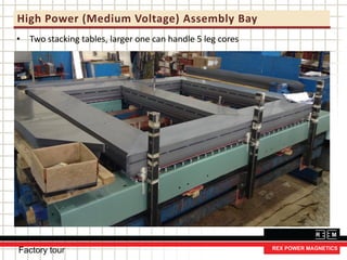 High Power (Medium Voltage) Assembly Bay
• Two stacking tables, larger one can handle 5 leg cores
Factory tour
 