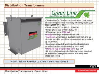 Distribution Transformers
Distribution Transformers (Green Line)
• “Green Line” – Distribution transformers that meet
or exceed legislated or voluntary efficiency levels (CSA
C802, NEMA TP-1, DOE)
• Three phase 600 or 480 Δ : 208Y120
• Single phase 600 or 480 : 120/240
• kVA ratings up to 2500 kVA
• Copper windings available for all kVA
• Aluminum windings are available in 30 kVA and up
• Indoor sprinkler proof Enclosures provided standard
up to 750 kVA
• Knockouts provided, wall mounting brackets are
provided for easy installation (up to 75 kVA)
• Standard lugs are provided up to 300 kVA
• Z2 level offers enhanced efficiency versus standard,
Z3 level offers next generation of efficiency level
(2016 DOE level)
*NEW* Seismic Rated for USA Zone 4 and Canada Zone 6
 