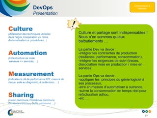 77
DevOps
Présentation
Culture et partage sont indispensables !
Nous n’en sommes qu’aux
balbutiements …
La partie Dev va devoir :
-intégrer les contraintes de production
(résilience, performance, consommation),
-intégrer les exigences de suivi (traces,
dissociation mise en production / mise en
service)
La partie Ops va devoir :
-appliquer les principes du génie logiciel à
ses processus,
-etre en mesure d’automatiser à outrance,
-suivre la consommation en temps réel pour
refacturation adhoc,
-etc …
 