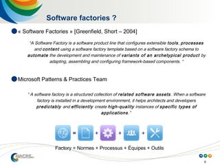 9
Software factories ?
Factory = Normes + Processus + Équipes + Outils
“A Software Factory is a software product line that configures extensible tools, processes
and content using a software factory template based on a software factory schema to
automate the development and maintenance of variants of an archetypical product by
adapting, assembling and configuring framework-based components. “
“ A software factory is a structured collection of related software assets. When a software
factory is installed in a development environment, it helps architects and developers
predictably and efficiently create high-quality instances of specific types of
applications.”
 « Software Factories » [Greenfield, Short – 2004]
 Microsoft Patterns & Practices Team
 