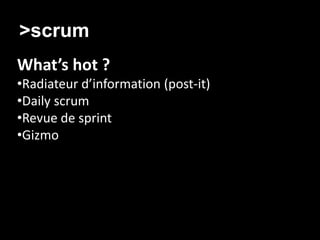 >scrum/ Agilité
What’s hot ?
•Radiateur d’information (post-it)
•Daily scrum
•Revue de sprint
•Gizmo
 