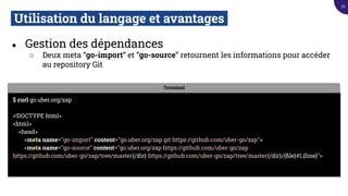 Utilisation du langage et avantages.
● Gestion des dépendances
○ Deux meta “go-import” et “go-source” retournent les informations pour accéder
au repository Git
Terminal
$ curl go.uber.org/zap
<!DOCTYPE html>
<html>
<head>
<meta name="go-import" content="go.uber.org/zap git https://github.com/uber-go/zap">
<meta name="go-source" content="go.uber.org/zap https://github.com/uber-go/zap
https://github.com/uber-go/zap/tree/master{/dir} https://github.com/uber-go/zap/tree/master{/dir}/{ﬁle}#L{line}">
22
 