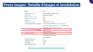 Proxy images : Retaille d’images et invalidation.
https://docs.aws.amazon.com/lambda/latest/dg//limits.html
49
 