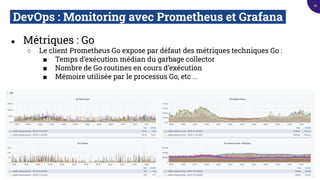 DevOps : Monitoring avec Prometheus et Grafana.
● Métriques : Go
○ Le client Prometheus Go expose par défaut des métriques techniques Go :
■ Temps d’exécution médian du garbage collector
■ Nombre de Go routines en cours d’exécution
■ Mémoire utilisée par le processus Go, etc ...
61
 