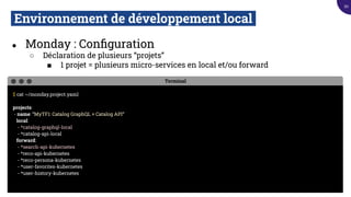 Environnement de développement local.
● Monday : Conﬁguration
○ Déclaration de plusieurs “projets”
■ 1 projet = plusieurs micro-services en local et/ou forward
Terminal
$ cat ~/monday.project.yaml
projects:
- name: “MyTF1: Catalog GraphQL + Catalog API”
local:
- *catalog-graphql-local
- *catalog-api-local
forward:
- *search-api-kubernetes
- *reco-api-kubernetes
- *reco-persona-kubernetes
- *user-favorites-kubernetes
- *user-history-kubernetes
92
 
