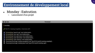 Environnement de développement local.
● Monday : Exécution
○ Lancement d’un projet
Terminal
$ monday
✔ MyTF1: Catalog GraphQL + Services API
📡 Forwarding 'search-api' over kubernetes...
📡 Forwarding 'reco-api' over kubernetes...
📡 Forwarding 'reco-persona' over kubernetes...
📡 Forwarding 'user-favorites' over kubernetes...
📡 Forwarding 'user-history' over kubernetes...
⚙ Running local app ‘catalog-graphql-local’ (go.tf1.fr/mytf1/catalog-graphql)...
⚙ Running local app ‘catalog-api-local’ (go.tf1.fr/mytf1/catalog-api)...
...
96
 