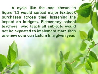 A cycle like the one shown in
figure 1.3 would spread major textbook
purchases across time, lessening the
impact on budgets. Elementary school
teachers who teach all subjects would
not be expected to implement more than
one new core curriculum in a given year.
 