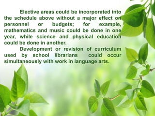 Elective areas could be incorporated into
the schedule above without a major effect on
personnel or budgets; for example,
mathematics and music could be done in one
year, while science and physical education
could be done in another.
Development or revision of curriculum
used by school librarians could occur
simultaneously with work in language arts.
 
