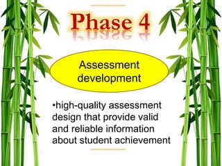 Phase 4
Assessment
development
•high-quality assessment
design that provide valid
and reliable information
about student achievement
 
