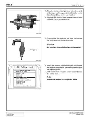 DI0A-6


                                         7. Plug the removed components with clean and
                                            undamaged sealing caps and store it into the box to
                                            keep the conditions when it was installed.
                                         8. Clear the high pressure offset value by Scan-100 after
                                            replacing the high pressure pump.




                           Y220_0A040




                                         9. To supply the fuel to transfer line of HP pump press
                                            the priming pump until it becomes hard.

                                            Warning

                                            Do not crank engine before having filled pump.
                 Priming pump




                           Y220_0A041




                                        10. Check the installed components again and connect
                                            the negative battery cable. Start the engine and check
                                            the operating status.
                                        11. With Scan-i, check if there are current faults and erase
                                            the history faults.

                                            Note
                                            For details, refer to “DI10 Diagnosis teable”.




                           Y220_0A042




 CHANGED BY                                                                    GENERAL INFORMATION
EFFECTIVE DATE                                                                             DI ENG SM - 2004.4
 AFFECTED VIN
 