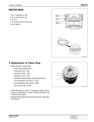 DI02-45

PISTON RING

   1. No.1 compression ring
   2. No.2 compression ring
   3. Oil ring
   5. Coil spring and oil control ring
   6. Hook spring




                                                                                      Y220_02115




     Replacement of Piston Ring
   • Measure piston ring end play.
         - Piston ring end play (mm)
            1st groove: 0.20 ~ 0.35
            2nd groove: 0.20 ~ 0.35
            3rd groove: 0.20 ~ 0.40
         - Clearance between piston ring and piston (mm)
            1st compression ring: 0.075 ~ 0.119
            2nd compression ring: 0.050 ~ 0.090
            3rd oil ring: 0.030 ~ 0.070                                               Y220_02116




   • Install the piston so that “Y” marking on piston head is
     facing in the direction of travel. Arrange the piston ring
     ends to be 120° apart.
   • Adjust the hook spring joint in the oil ring 180 ° away from
     the ring end.




ENGINE HOUSING                                                       CHANGED BY
DI ENG SM - 2004.4                                                  EFFECTIVE DATE
                                                                     AFFECTED VIN
 