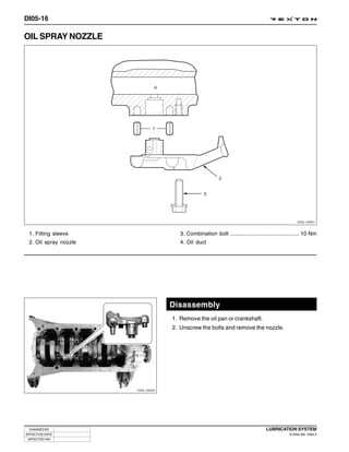 DI05-16

OIL SPRAY NOZZLE




                                                                                                     Y220_05021



 1. Fitting sleeve                     3. Combination bolt .............................................. 10 Nm
 2. Oil spray nozzle                   4. Oil duct




                                    Disassembly
                                    1. Remove the oil pan or crankshaft.
                                    2. Unscrew the bolts and remove the nozzle.




                       Y220_05022




 CHANGED BY                                                                         LUBRICATION SYSTEM
EFFECTIVE DATE                                                                                  DI ENG SM - 2004.4
 AFFECTED VIN
 