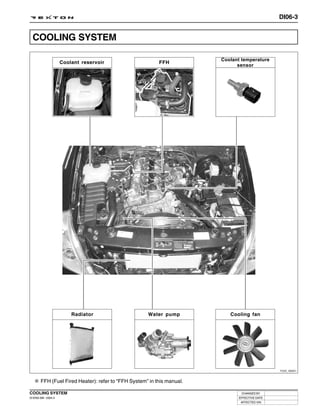 DI06-3


  COOLING SYSTEM

                                                                        Coolant temperature
                     Coolant reservoir                    FFH
                                                                              sensor




                         Radiator                    Water pump            Cooling fan




                                                                                               Y220_06001



       FFH (Fuel Fired Heater): refer to “FFH System” in this manual.

COOLING SYSTEM                                                                  CHANGED BY
DI ENG SM - 2004.4                                                            EFFECTIVE DATE
                                                                               AFFECTED VIN
 