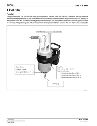 DI07-38

   Fuel Filter
Function
Foreign materials in fuel can damage the pump components, transfer valve and injectors. Therefore, the high pressure
direct injection engine must use fuel filter. Otherwise, the operation performance will drop dramatically. And, diesel fuel
may contain water due to condensation by temperature changes and this condensation water can damage the system
by corroding the injection system. Thus, the common rail engine should have function that can drain water periodically.




                                                   from HP pump          to fuel tank


                                                          to HP pump
                                        from fuel tank




                 Water Sensor                                                 Fuel filter
                 Capacity: 120 cm3                                            Filter volume: 500 ± 25 cm 3
                                                                              Filtering efficiency
                 Warning light ON level: 75 cm 3
                                                                                    • Particles larger than 3µm > 98 %
                                                                                    • Particles larger than 5µm > 99.8 %
                                                                                    • Particles larger than 15µm > 100 %




                                                                       Drain plug



                                                                                                                              Y220_07082




  CHANGED BY                                                                                                         FUEL SYSTEM
EFFECTIVE DATE                                                                                                           DI ENG SM - 2004.4
 AFFECTED VIN
 