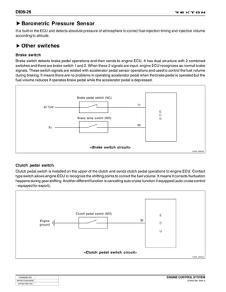 DI08-26

    Barometric Pressure Sensor
It is built-in the ECU and detects absolute pressure of atmosphere to correct fuel injection timing and injection volume
according to altitude.

   Other switches
Brake switch
Brake switch detects brake pedal operations and then sends to engine ECU. It has dual structure with 2 combined
switches and there are brake switch 1 and 2. When these 2 signals are input, engine ECU recognizes as normal brake
signals. These switch signals are related with accelerator pedal sensor operations and used to control the fuel volume
during braking. It means there are no problems in operating accelerator pedal when the brake pedal is operated but the
fuel volume reduces if operates brake pedal while the accelerator pedal is depressed.



                                       Brake pedal switch (NC)




                                        Brake lamp switch (NO)




                                                <Brake switch circuit>
                                                                                                                    Y220_08022




Clutch pedal switch
Clutch pedal switch is installed on the upper of the clutch and sends clutch pedal operations to engine ECU. Contact
type switch allows engine ECU to recognize the shifting points to correct the fuel volume. It means it corrects fluctuation
happens during gear shifting. Another different function is canceling auto cruise function if equipped (auto cruise control
- equipped for export).




                                       Clutch pedal switch (NO)

                 Engine
                 ground




                                            <Clutch pedal switch circuit>
                                                                                                                    Y220_08023




  CHANGED BY                                                                                      ENGINE CONTROL SYSTEM
EFFECTIVE DATE                                                                                                 DI ENG SM - 2004.4
 AFFECTED VIN
 